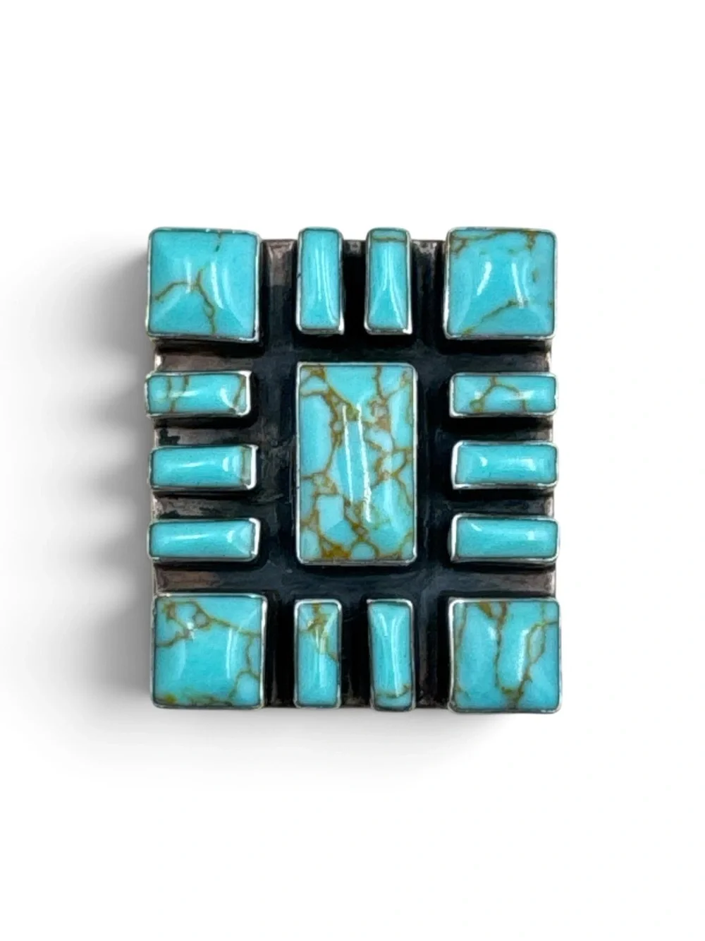 Vintage Sterling Silver Turquoise Geometric Mosaic Statement Ring Size 9